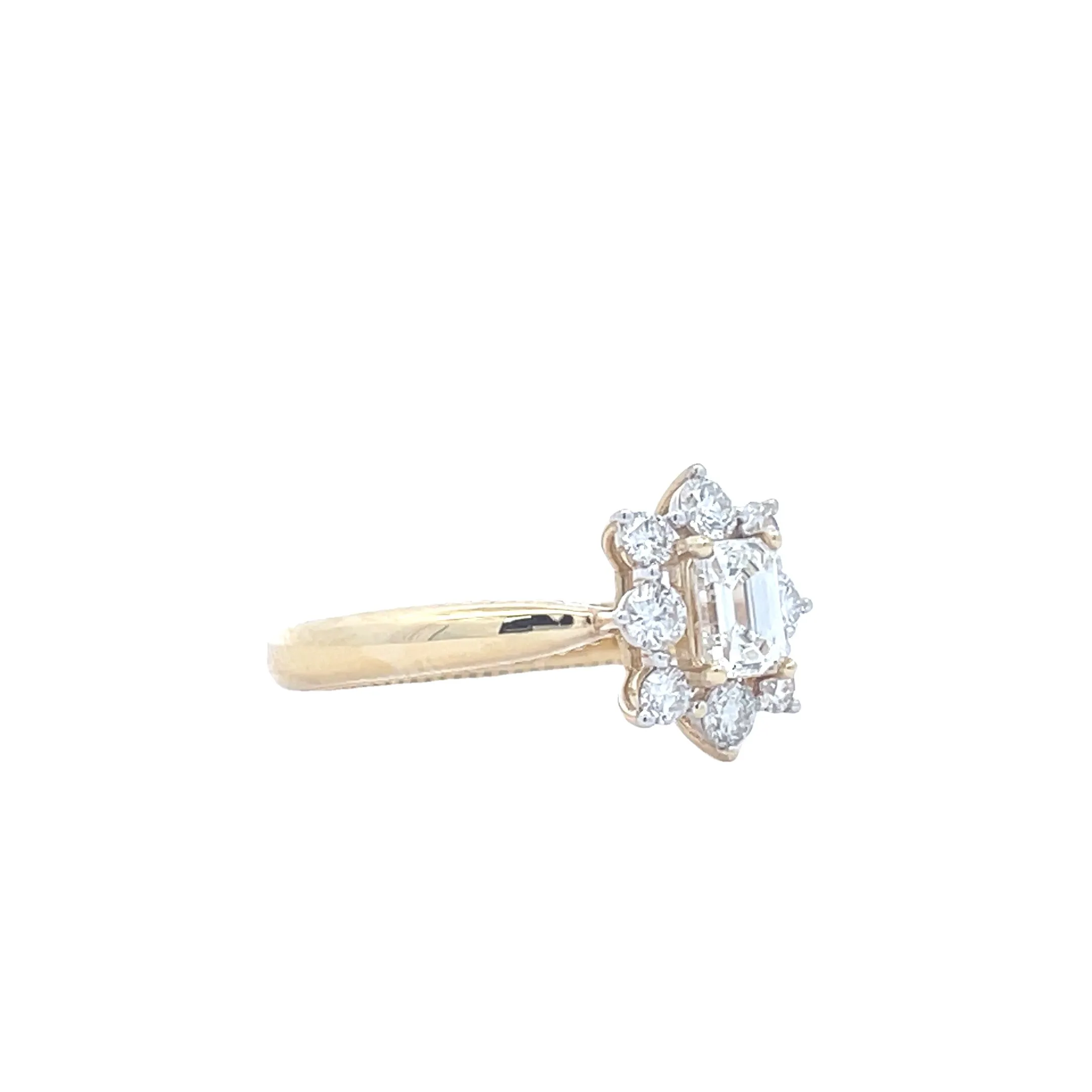 18K Yellow Gold .51 CT Emerald Diamond Center  and 1/2 CTW Diamond Halo Engagement Ring