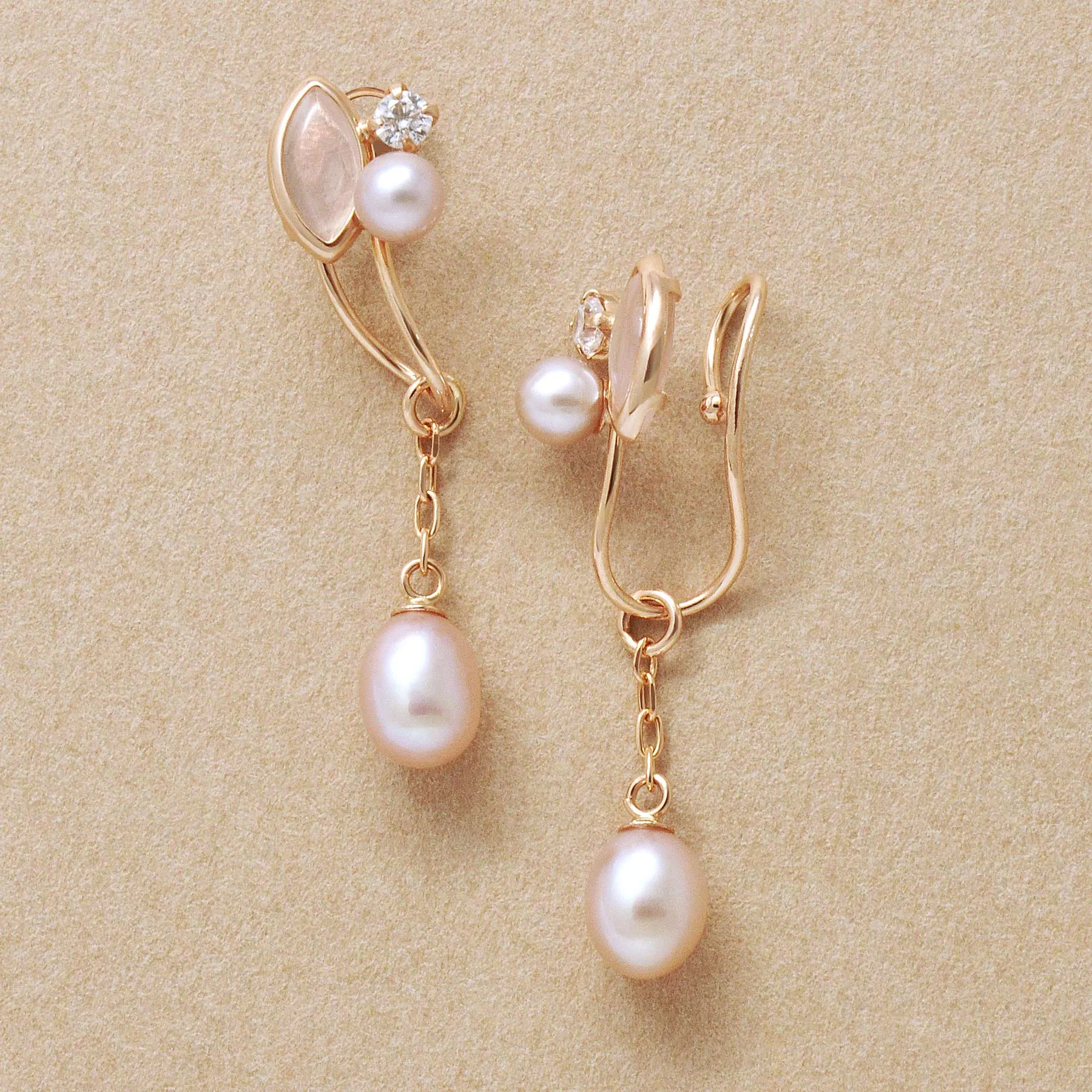 [Airy Clip-On Earrings] 10K Freshwater Pearl Swinging Earrings (Rose Gold)