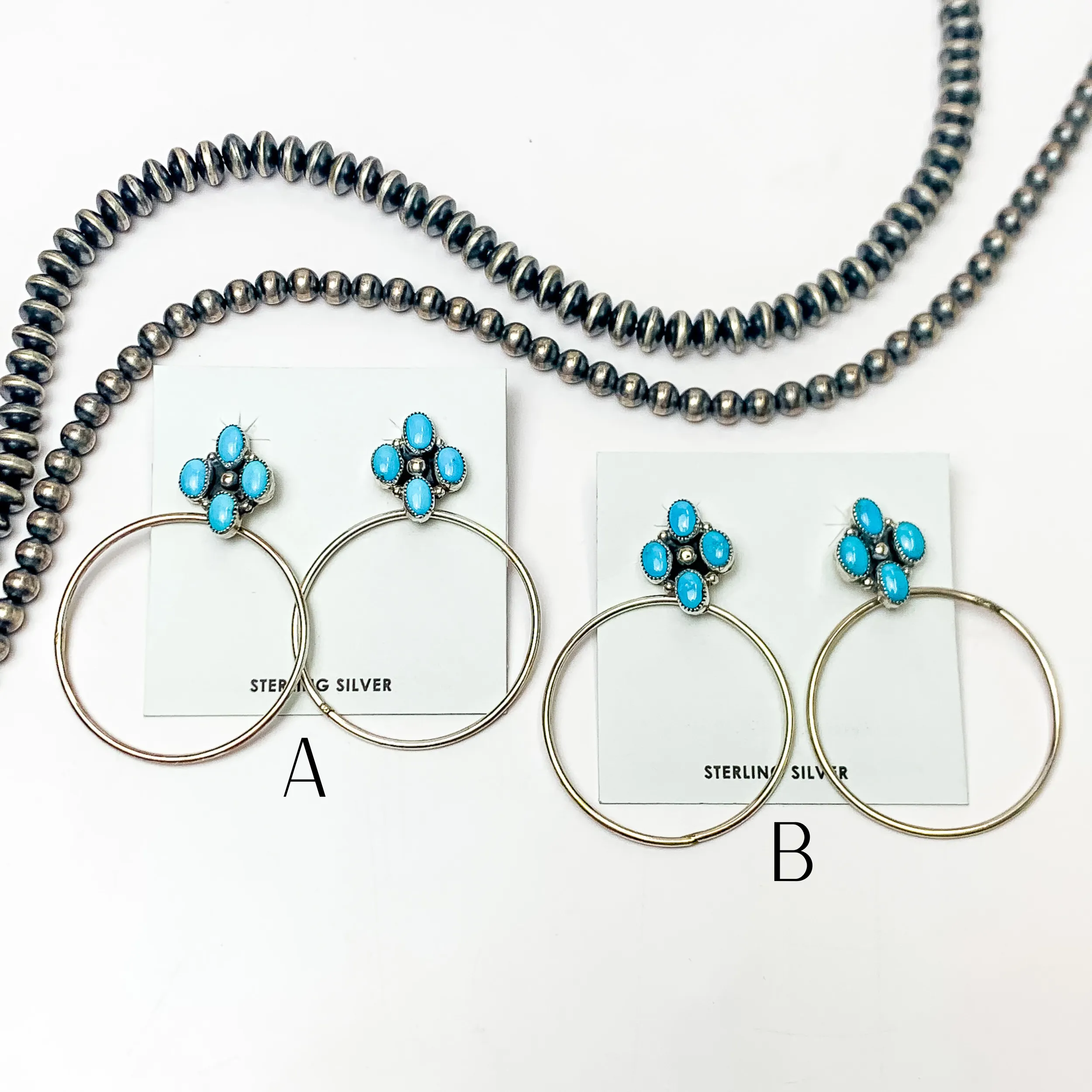 Anthony Skeets | Navajo Handmade Sterling Silver Hoop Earrings with Four Stone Sleeping Beauty Turquoise Cluster Studs