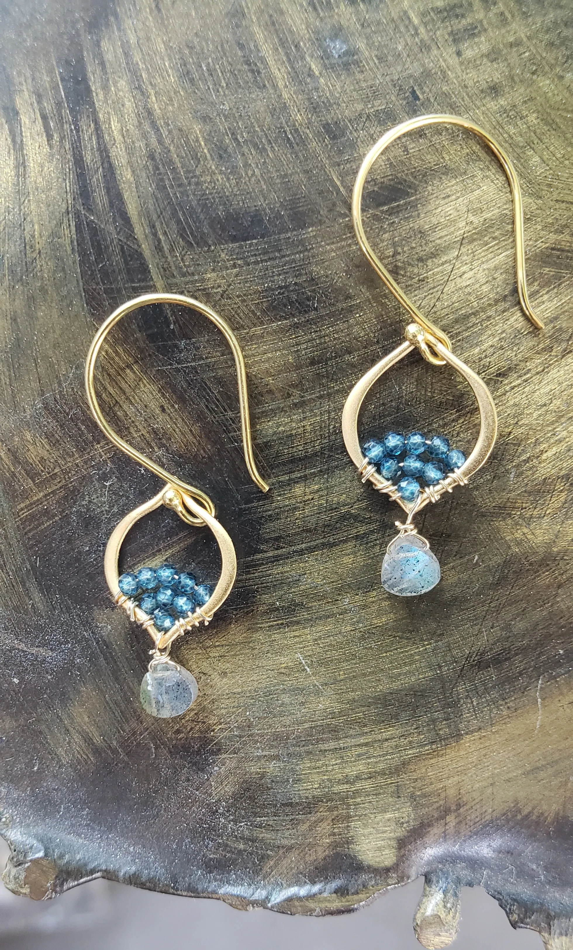 AVF Gold Petite Moroccan Style Beaded Blue Quartz & Labradorite Drop Earrings (SI3753)