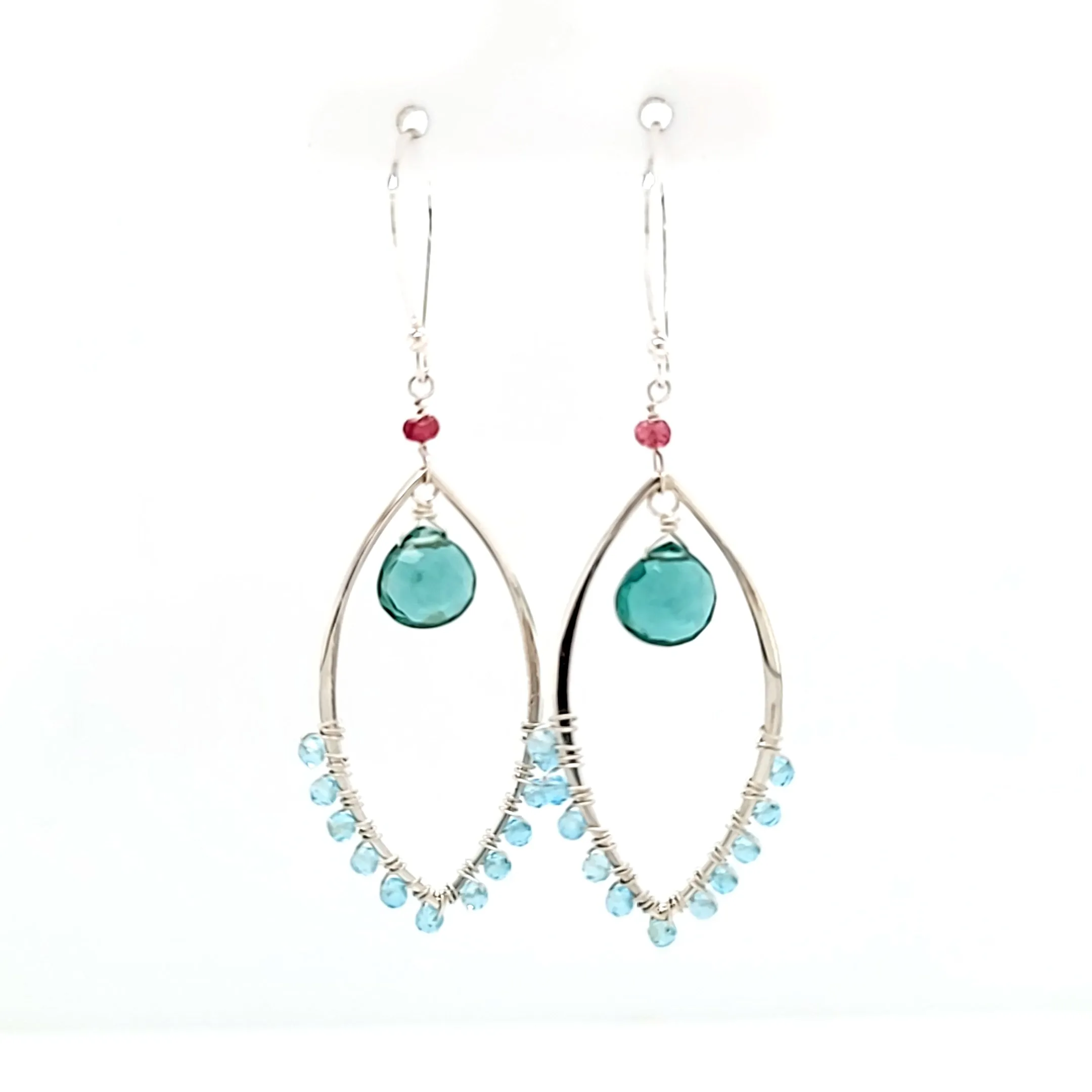 AVF Silver Blue Apatite, Green Quartz & Pink Tourmaline Marquise Shaped Dangle Earrings (SI3743)