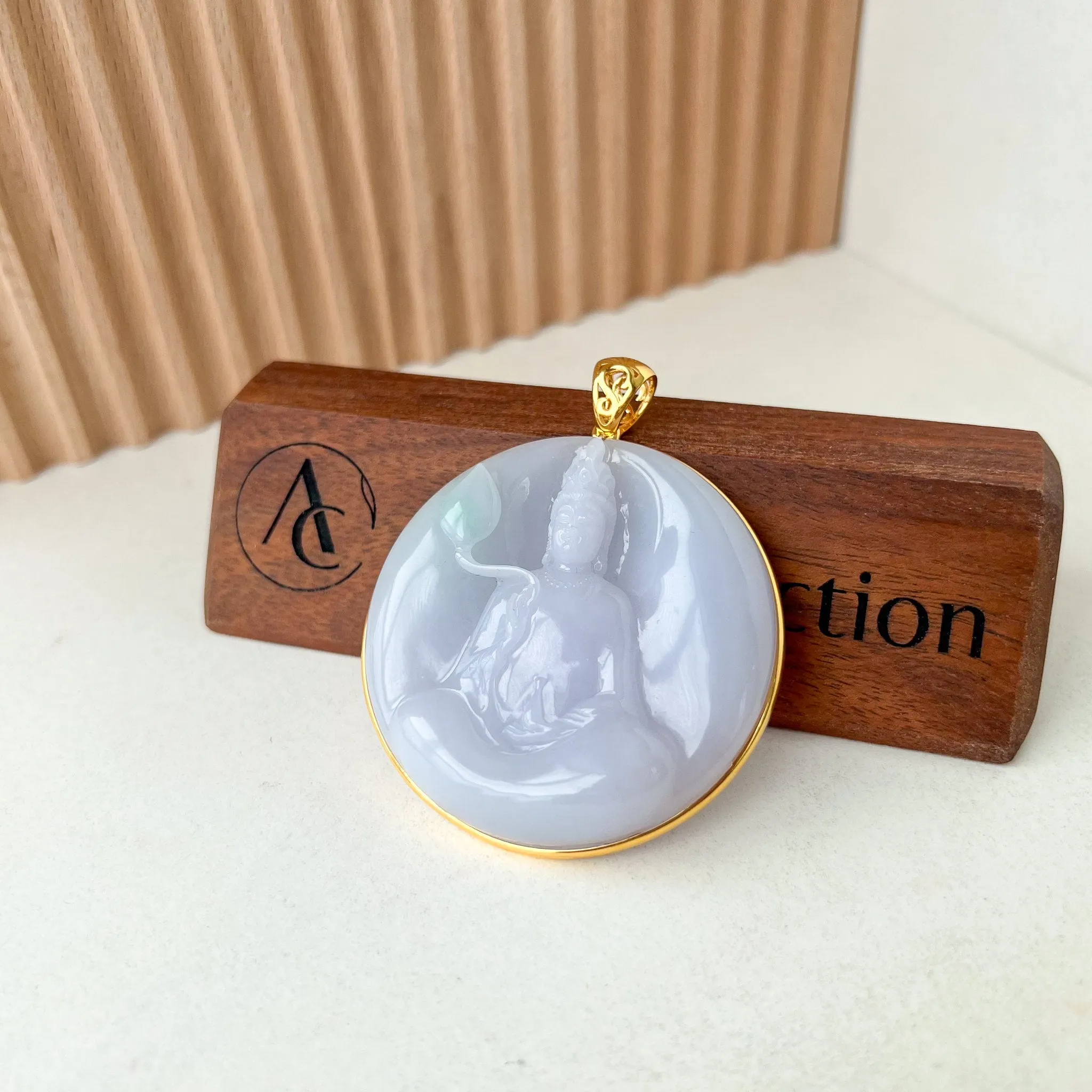 Bodhisattva's Blessing Pendant, Guan Yin Lavender Jade Pendant with 18K Gold, 观音, Lady Buddha, YGR-0223-1705692652