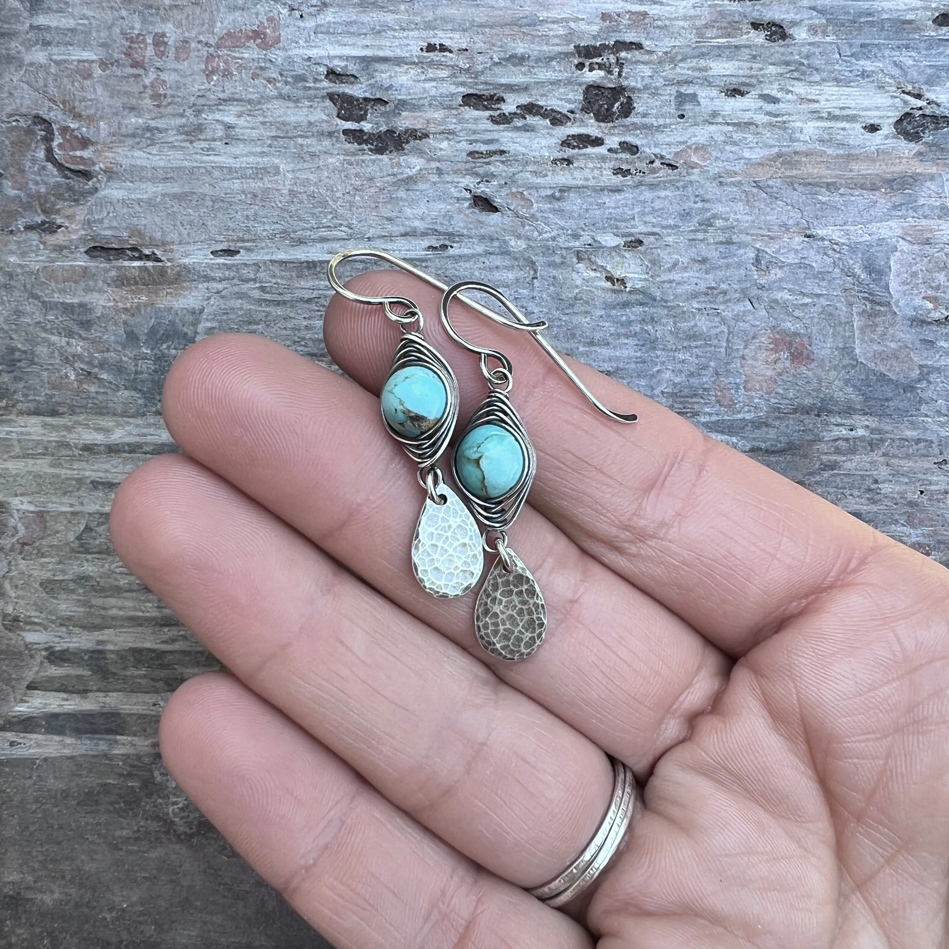 Genuine Turquoise Sterling Silver Earrings | Wire-wrapped Natural Stone and Hammered Teardrop Dangles