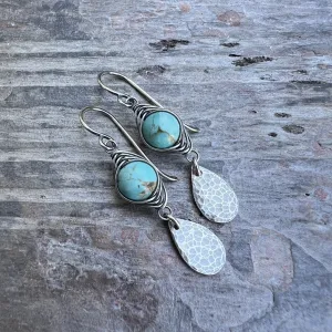 Genuine Turquoise Sterling Silver Earrings | Wire-wrapped Natural Stone and Hammered Teardrop Dangles