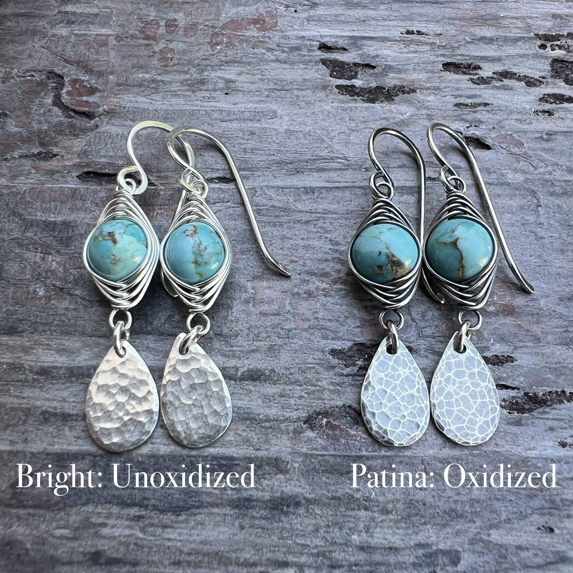 Genuine Turquoise Sterling Silver Earrings | Wire-wrapped Natural Stone and Hammered Teardrop Dangles