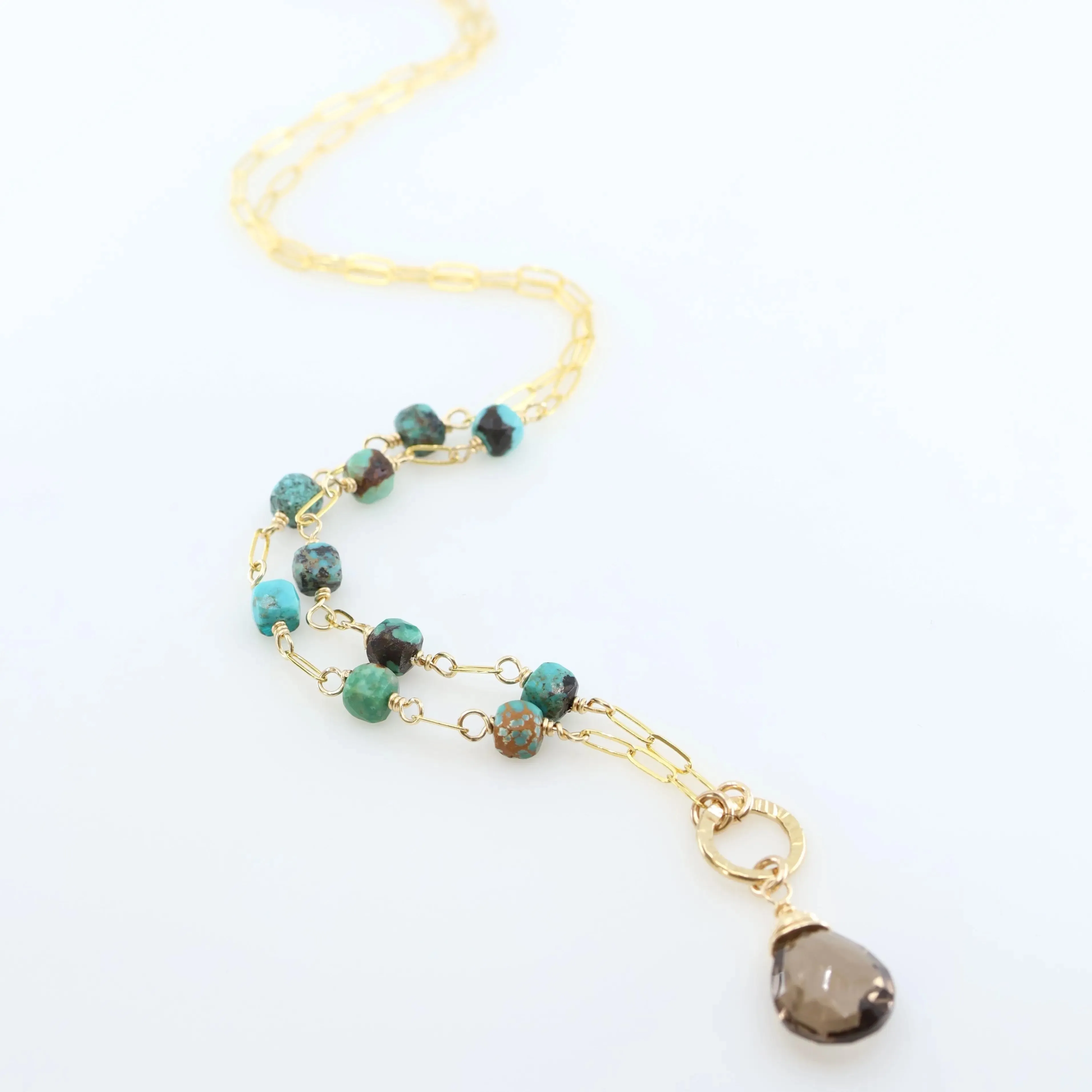 Green Turquoise Cube and Smoky Quartz Gemstone Necklace
