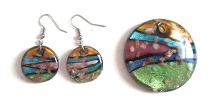 Lampwork Glass Round Pendant & Earrings Set RD01