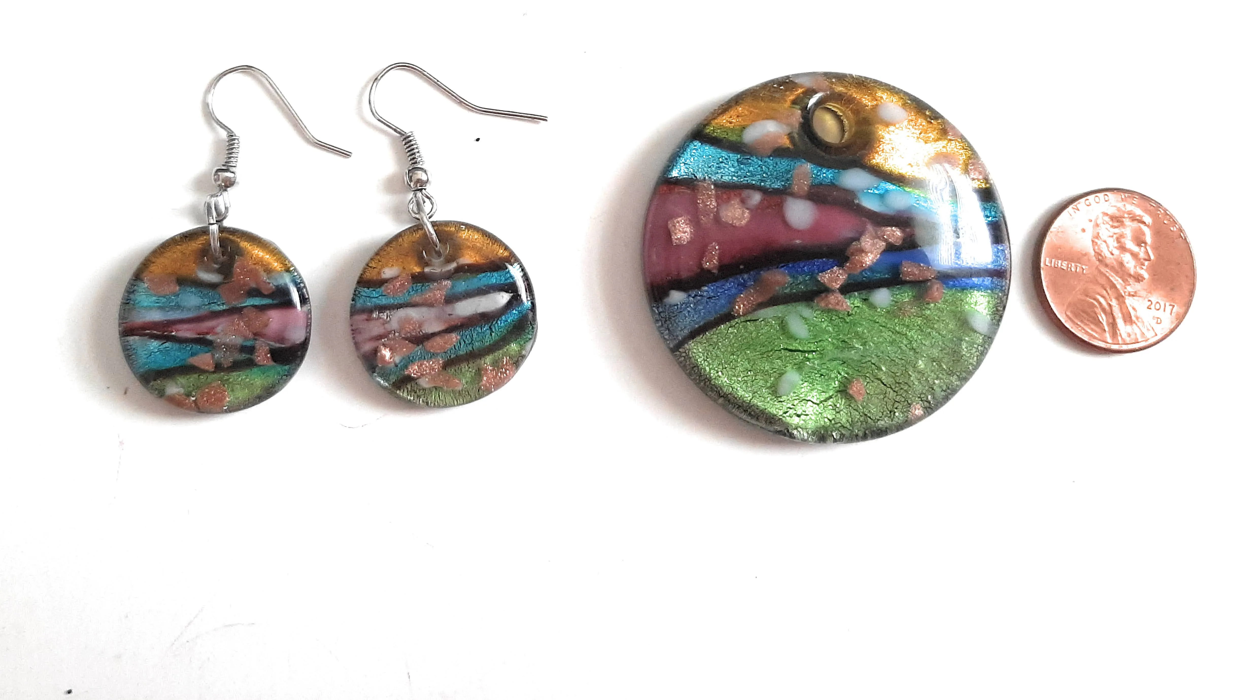 Lampwork Glass Round Pendant & Earrings Set RD01