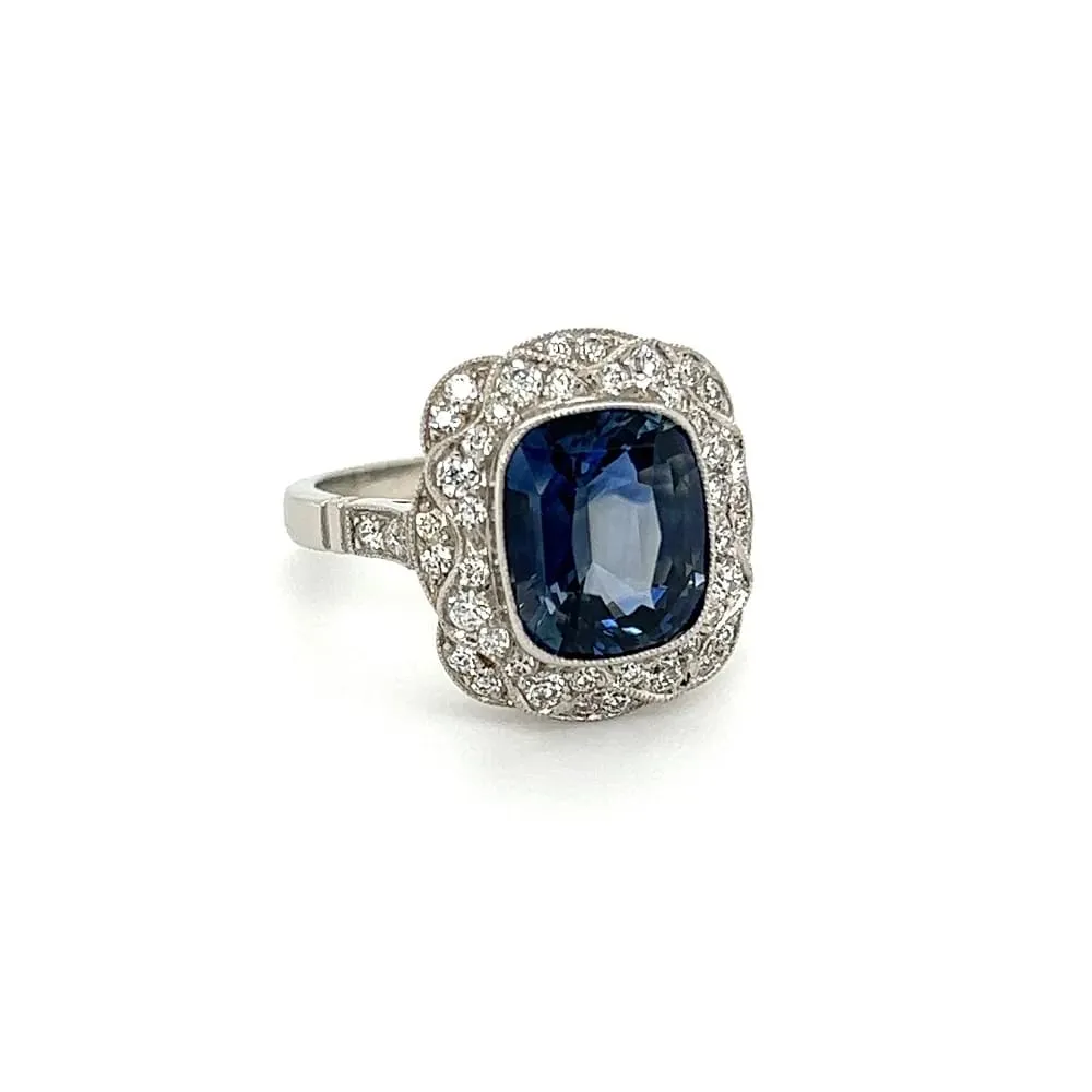 Platinum 4.04ct NO HEAT Cushion Sapphire & .60tcw Diamond Ring at Regard Jewelry in Austin, Texas