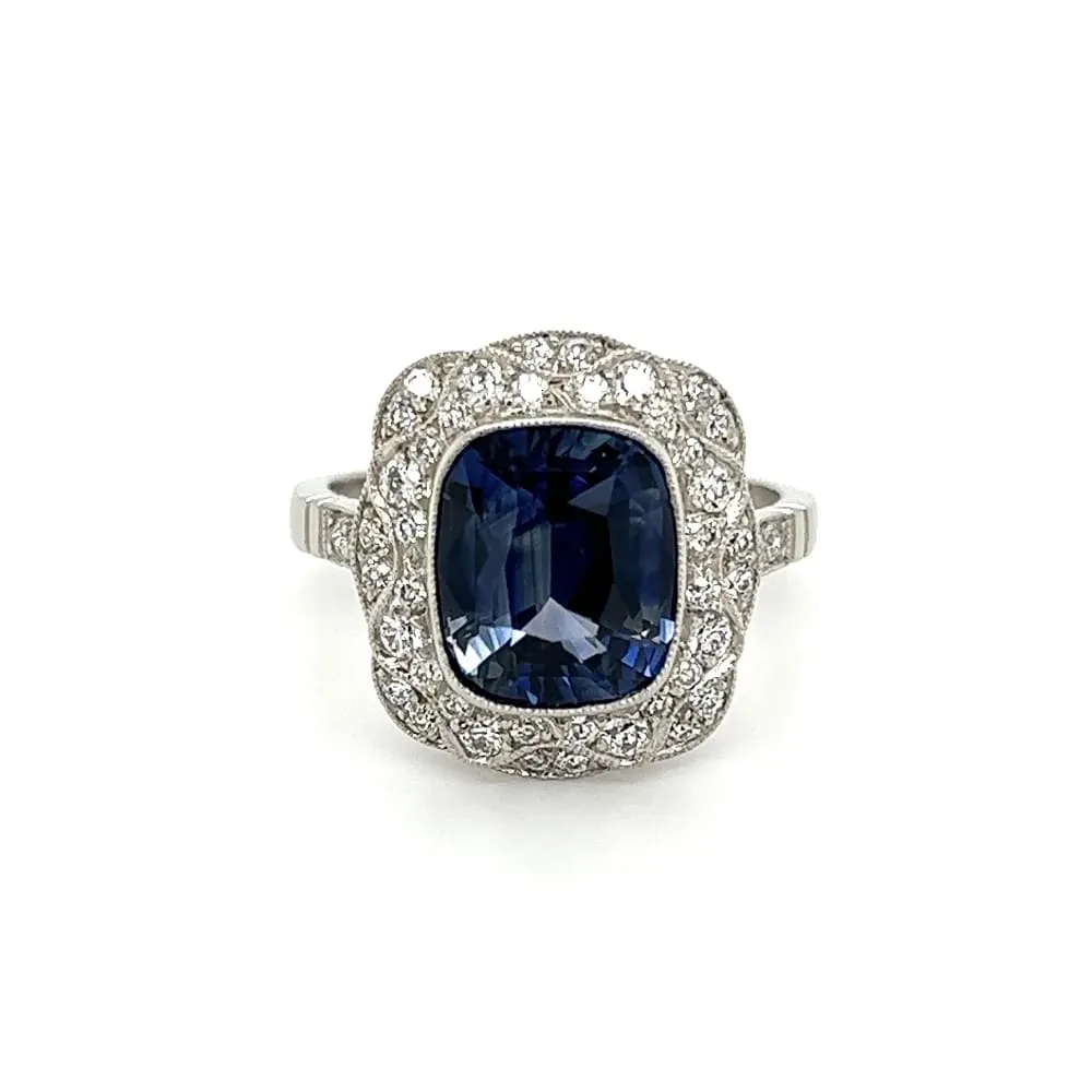 Platinum 4.04ct NO HEAT Cushion Sapphire & .60tcw Diamond Ring at Regard Jewelry in Austin, Texas