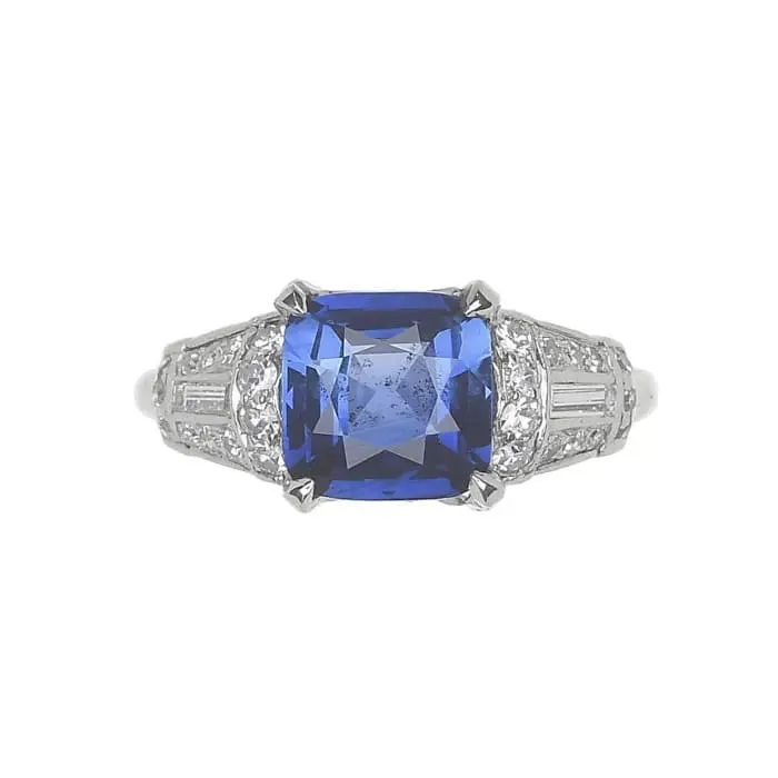 Platinum Art Deco 2.03ct Cushion Ceylon Sapphire GIA & Baguette & Single Cut Diamond Ring at Regard Jewelry in Austin, Texas