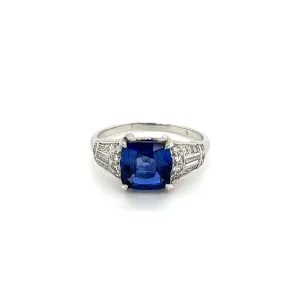 Platinum Art Deco 2.03ct Cushion Ceylon Sapphire GIA & Baguette & Single Cut Diamond Ring at Regard Jewelry in Austin, Texas