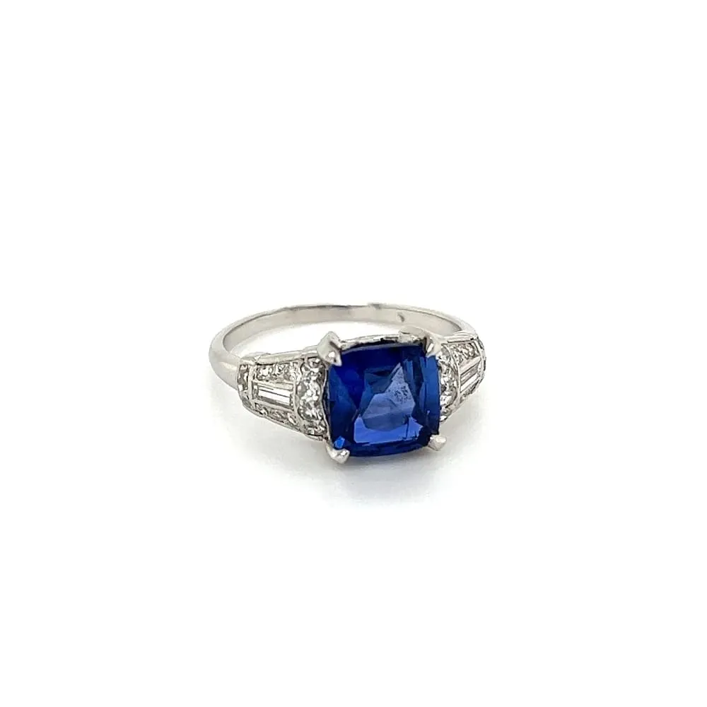 Platinum Art Deco 2.03ct Cushion Ceylon Sapphire GIA & Baguette & Single Cut Diamond Ring at Regard Jewelry in Austin, Texas