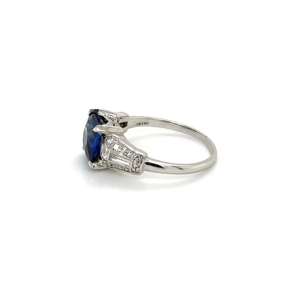 Platinum Art Deco 2.03ct Cushion Ceylon Sapphire GIA & Baguette & Single Cut Diamond Ring at Regard Jewelry in Austin, Texas