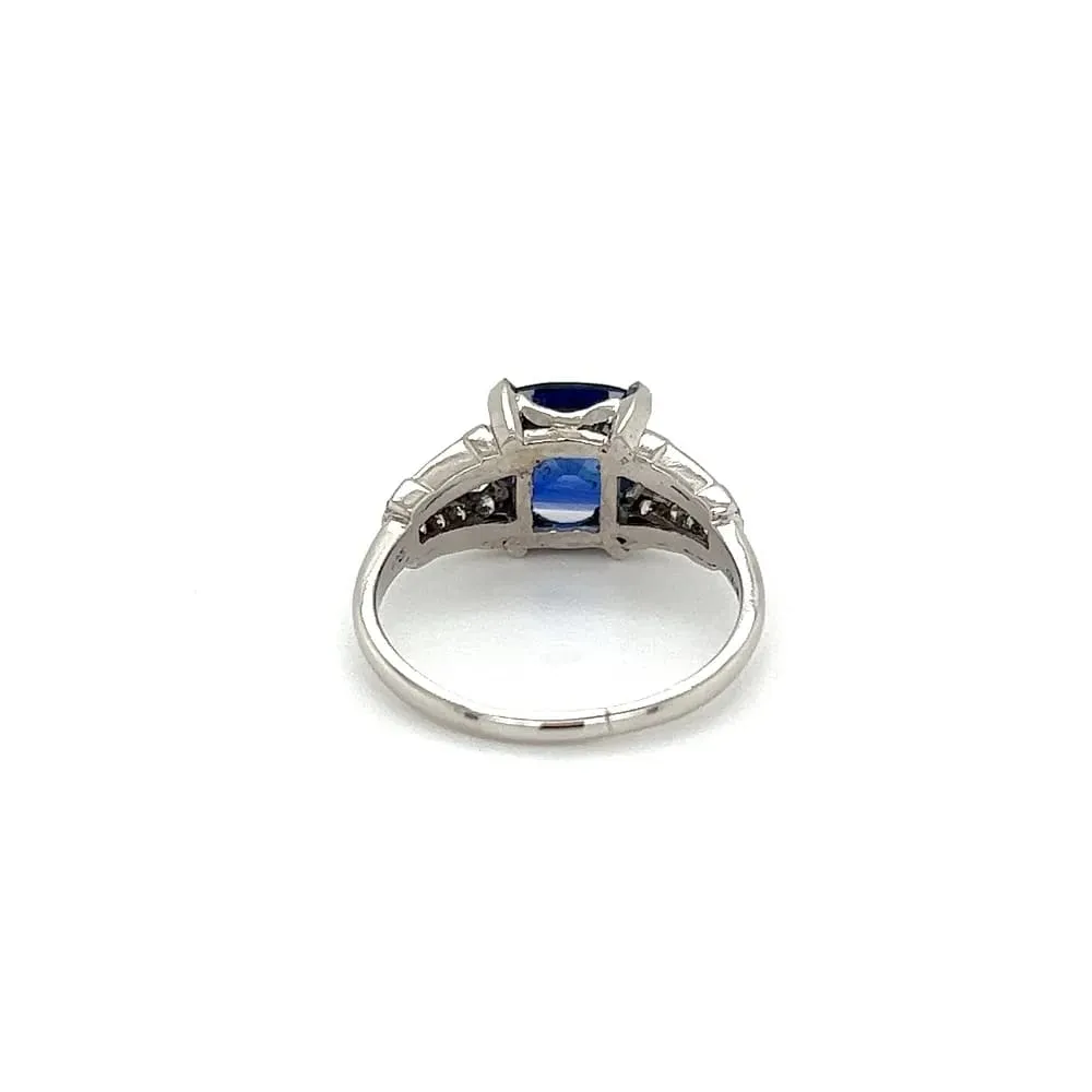 Platinum Art Deco 2.03ct Cushion Ceylon Sapphire GIA & Baguette & Single Cut Diamond Ring at Regard Jewelry in Austin, Texas
