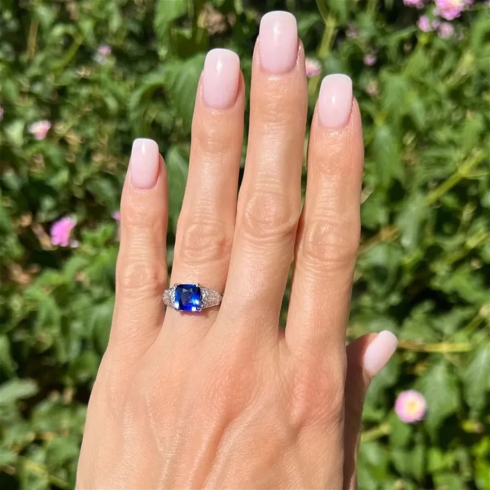 Platinum Art Deco 2.03ct Cushion Ceylon Sapphire GIA & Baguette & Single Cut Diamond Ring at Regard Jewelry in Austin, Texas