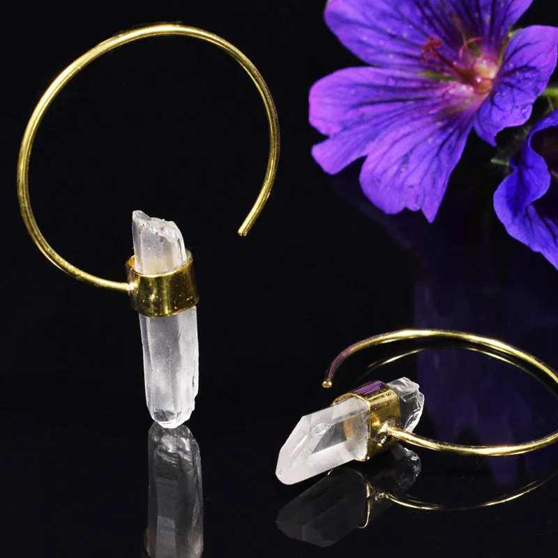 Quartz Crystal Brass Hoop Earrings