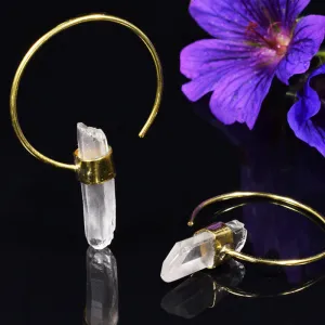 Quartz Crystal Brass Hoop Earrings