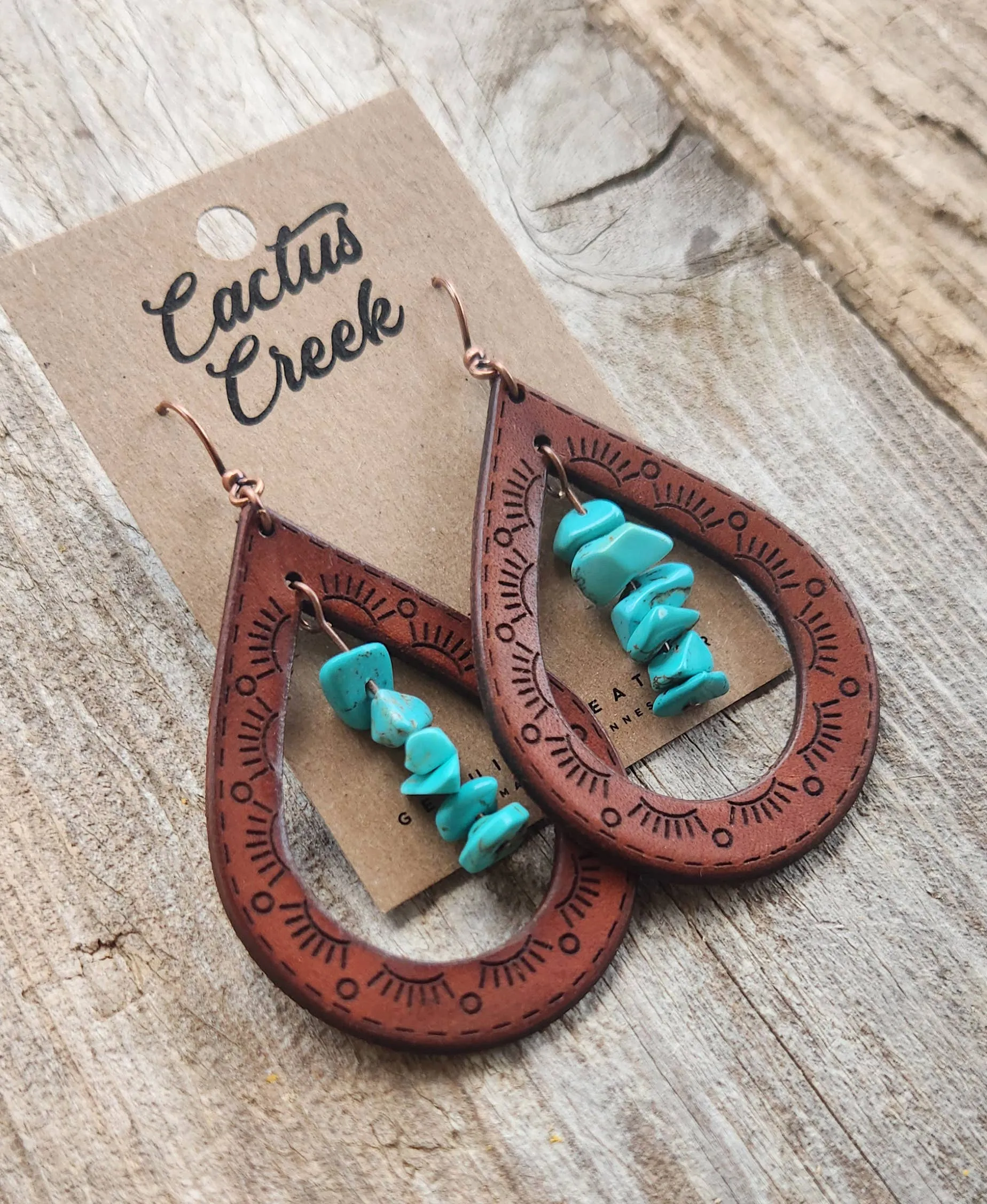 "Cassidy"  Handmade Leather and Turquoise Chip Earrings
