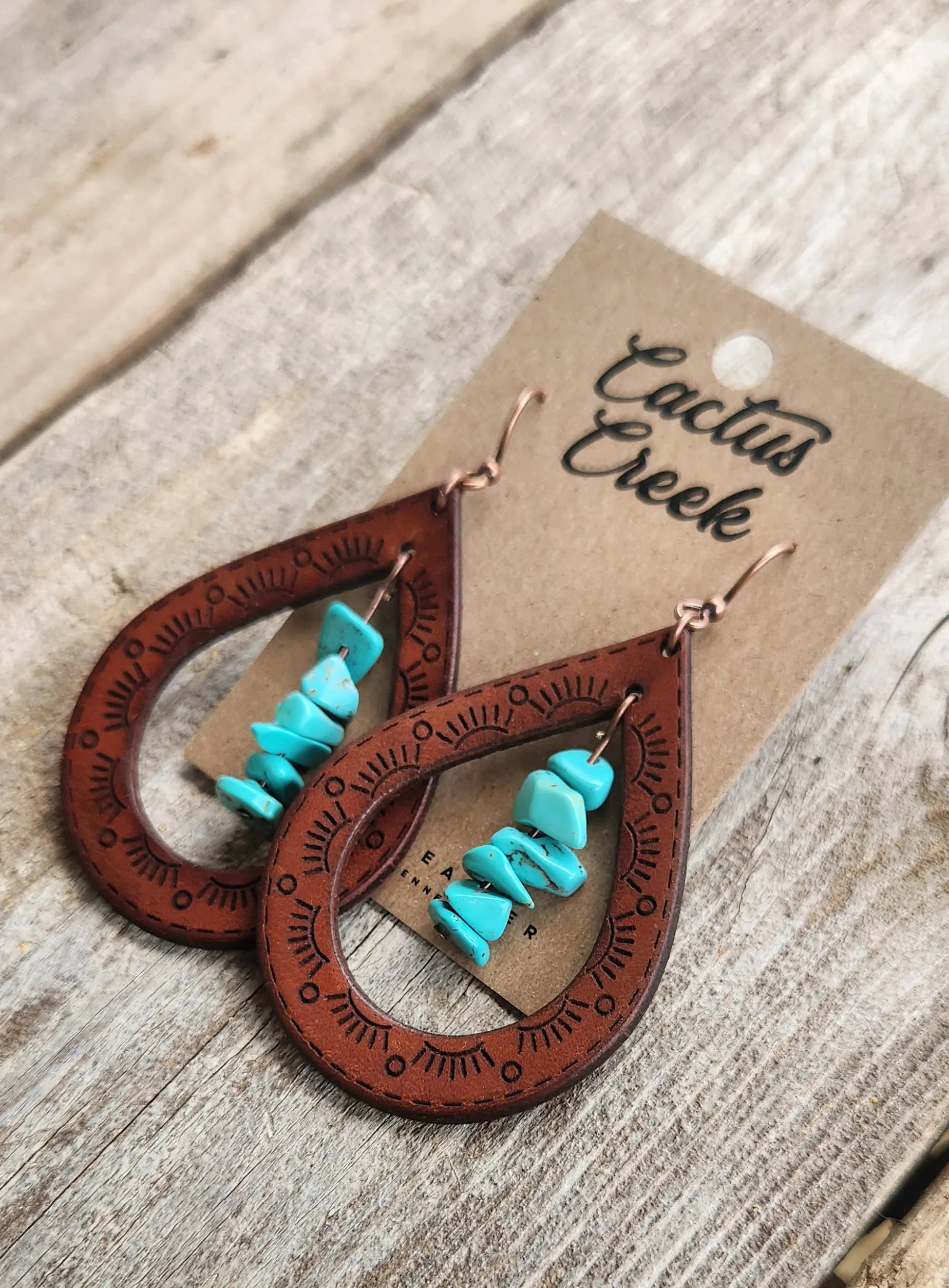 "Cassidy"  Handmade Leather and Turquoise Chip Earrings