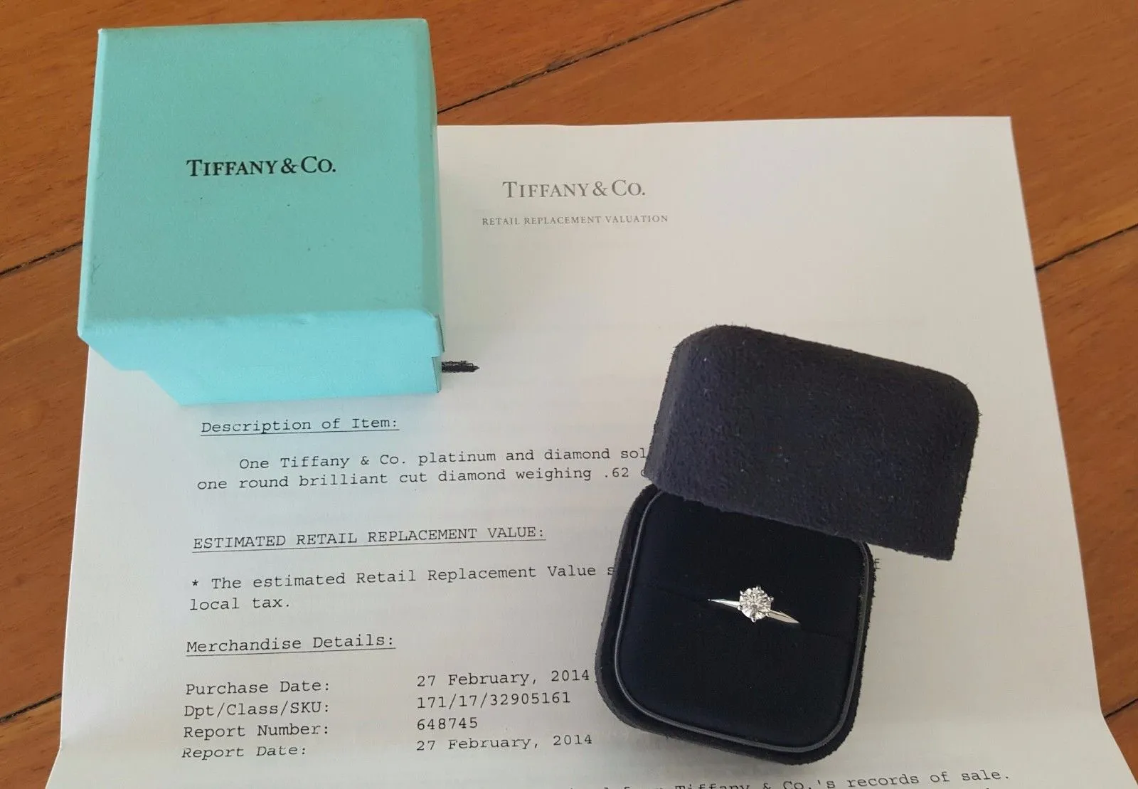 Tiffany & Co 0.62ct I/VVS2 Diamond Solitaire Classic Engagement Ring Platinum