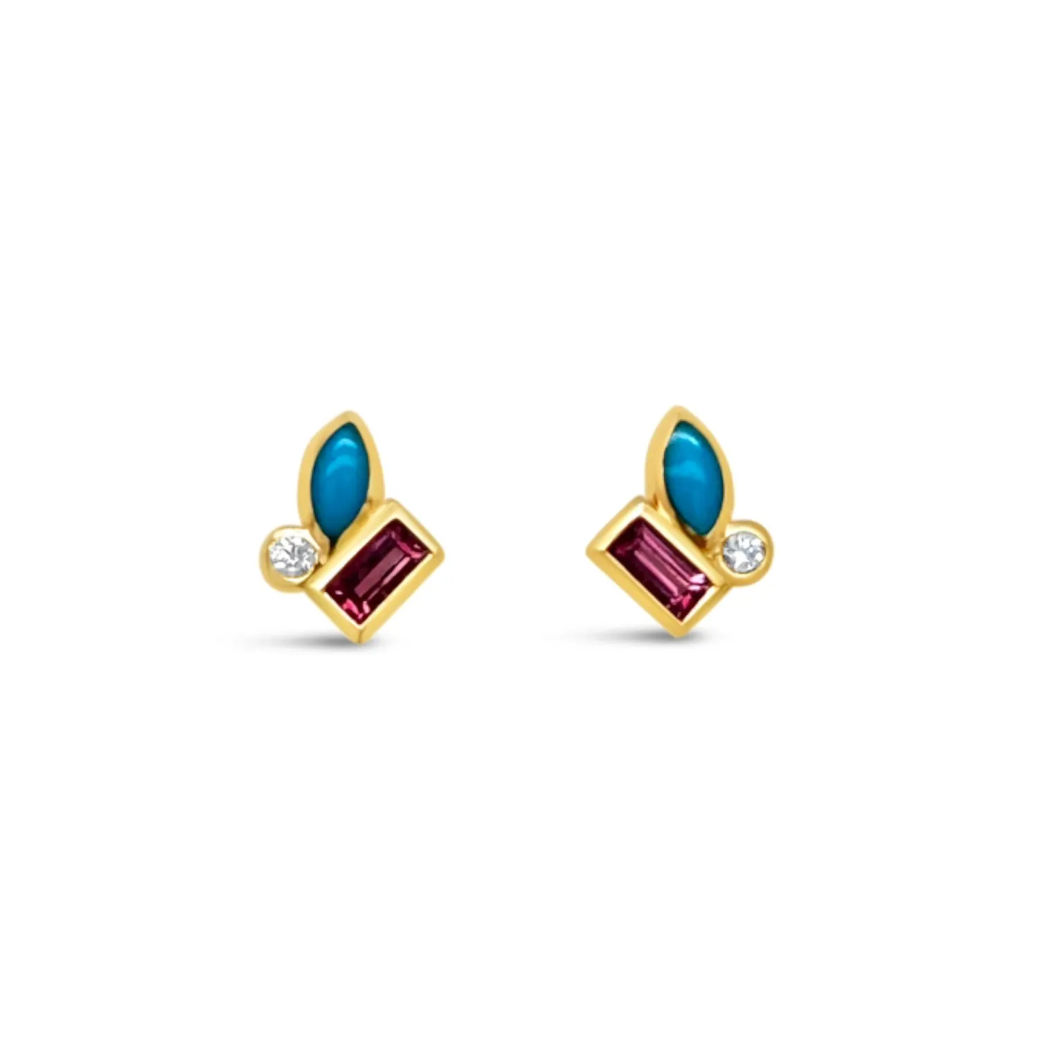 Turquoise, Pink Tourmaline & Diamond Cluster Stud Earrings