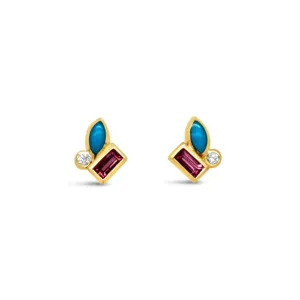 Turquoise, Pink Tourmaline & Diamond Cluster Stud Earrings
